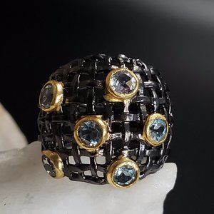 Designer Jewelry Sterling Silver Ring 925 14K Gold Natural Aquamarine Gemstones